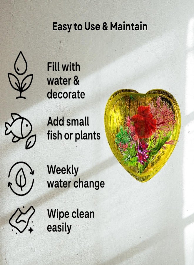 حوض سمك أصفر على شكل قلب مقاس 15 بوصة يُعلق على الحائط - بدون قاعدة | حوض أسماك عصري للمنزل والمكتب والمقهى | تصميم موفر للمساحة | حوض سمك أنيق وحوض نباتات | تصميم صغير الحجم - Image 5